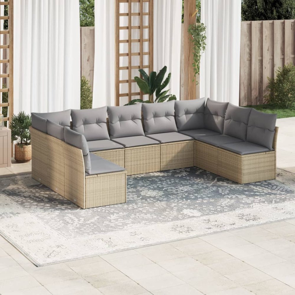 vidaXL Soffgrupp för trädgården med dynor 9 delar beige konstrotting