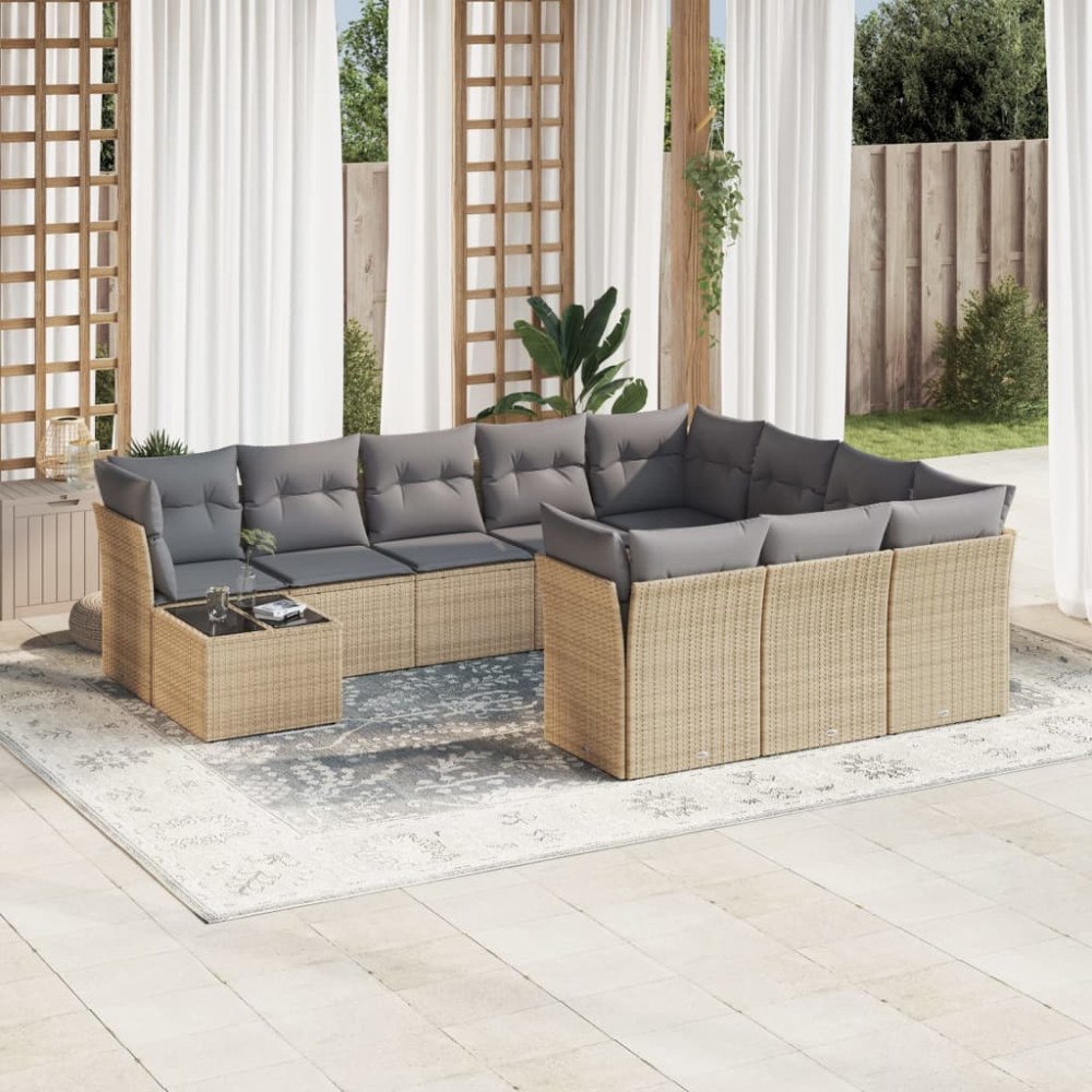 vidaXL Loungegrupp för trädgården m. dynor 11 delar beige konstrotting