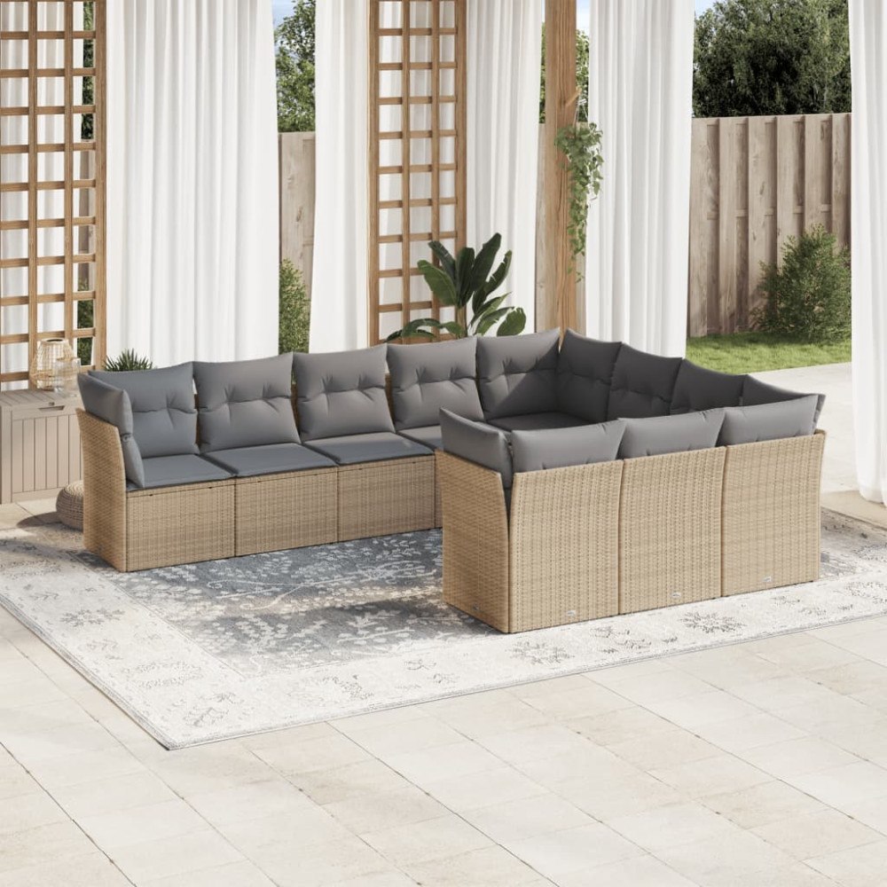 vidaXL Soffgrupp för trädgård med dynor 10 delar beige konstrotting