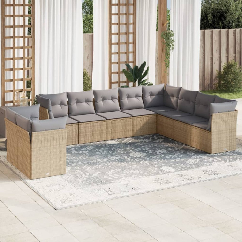 vidaXL Soffgrupp för trädgård med dynor 10 delar beige konstrotting