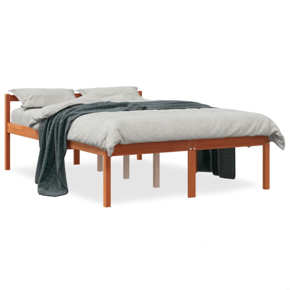 vidaXL Sängram vaxad brun 135x190 cm massiv furu