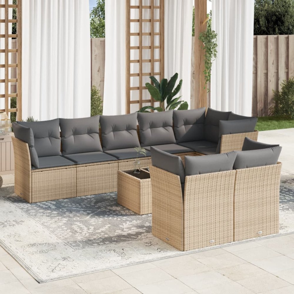 vidaXL Soffgrupp för trädgården med dynor 9 delar beige konstrotting