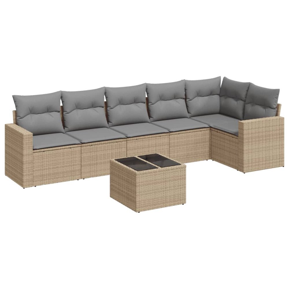 vidaXL Matgrupp för trädgården med dynor 7 delar beige konstrotting