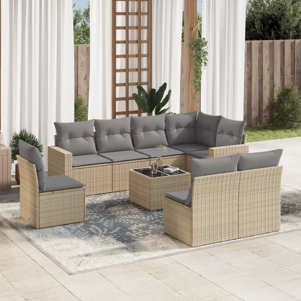 vidaXL Soffgrupp för trädgården med dynor 9 delar beige konstrotting
