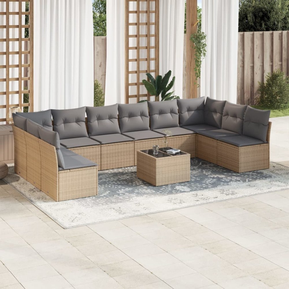 vidaXL Loungegrupp för trädgården m. dynor 11 delar beige konstrotting