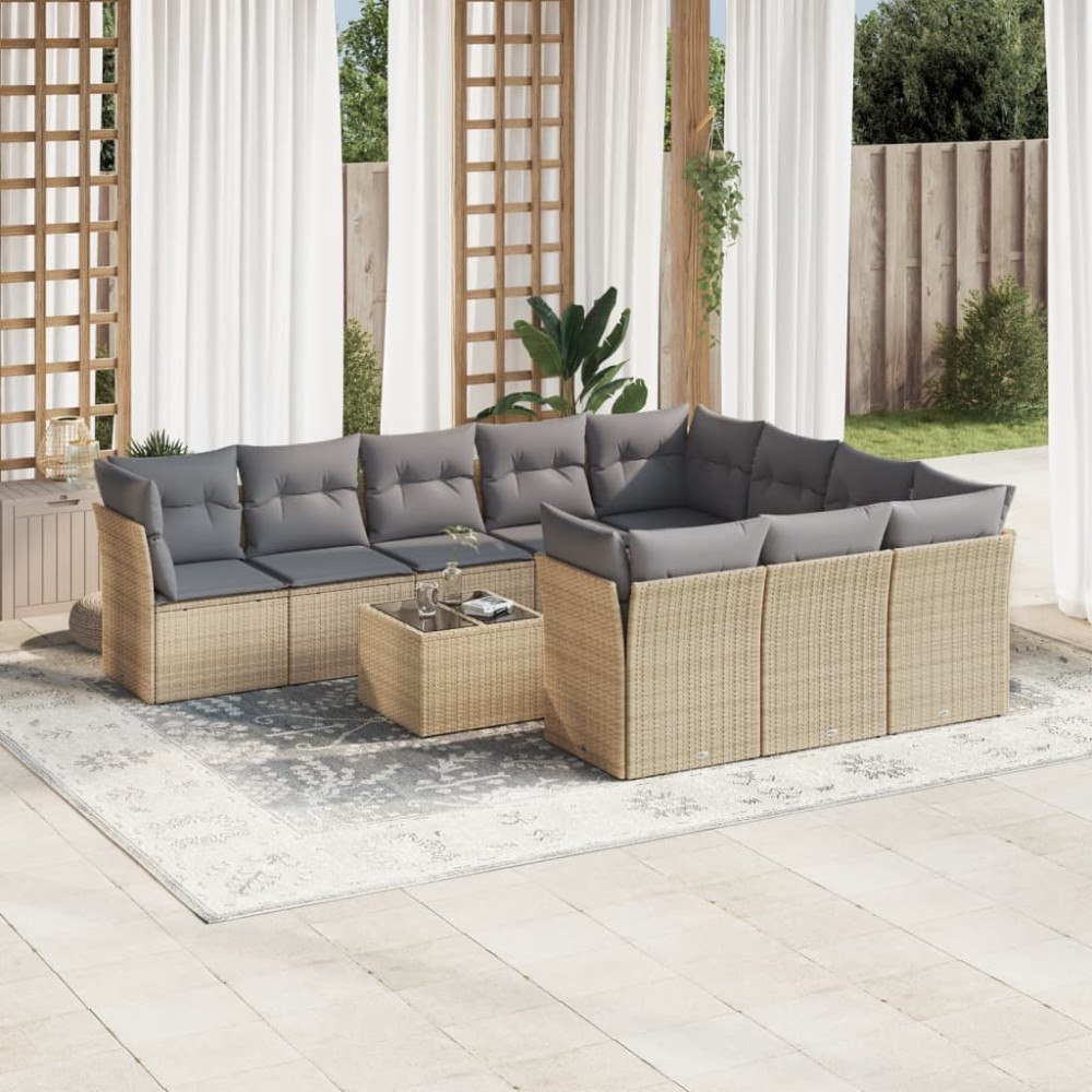 vidaXL Loungegrupp för trädgården m. dynor 11 delar beige konstrotting