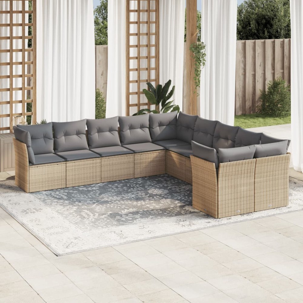 vidaXL Soffgrupp för trädgård med dynor 10 delar beige konstrotting
