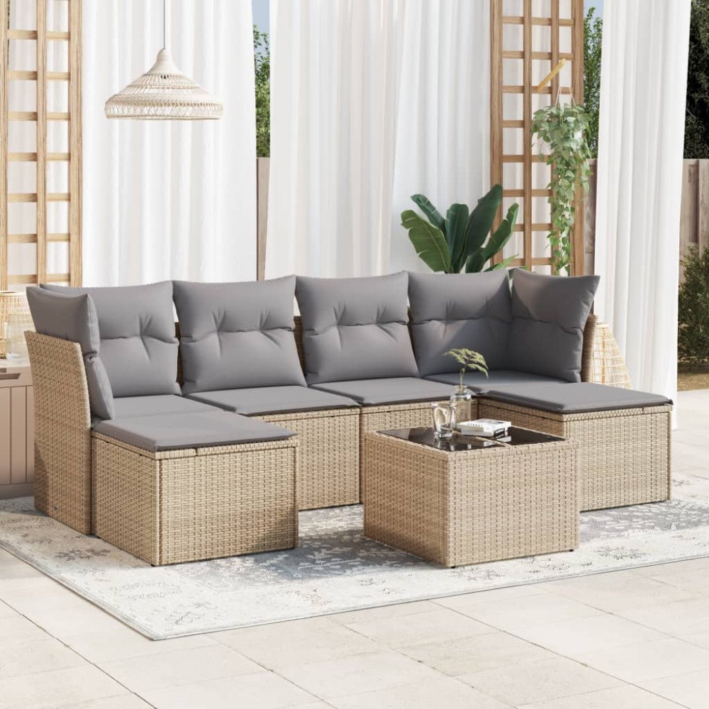 vidaXL Matgrupp för trädgården med dynor 7 delar beige konstrotting