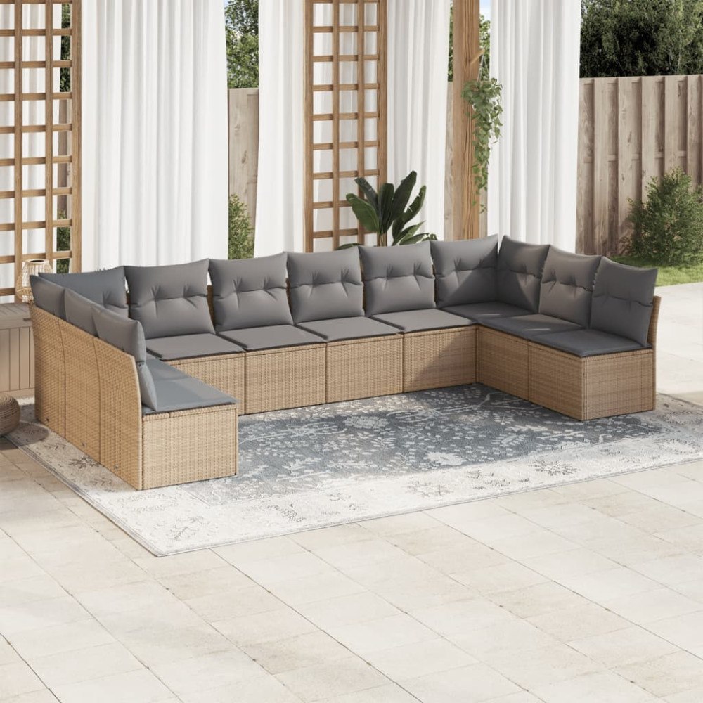 vidaXL Soffgrupp för trädgård med dynor 10 delar beige konstrotting