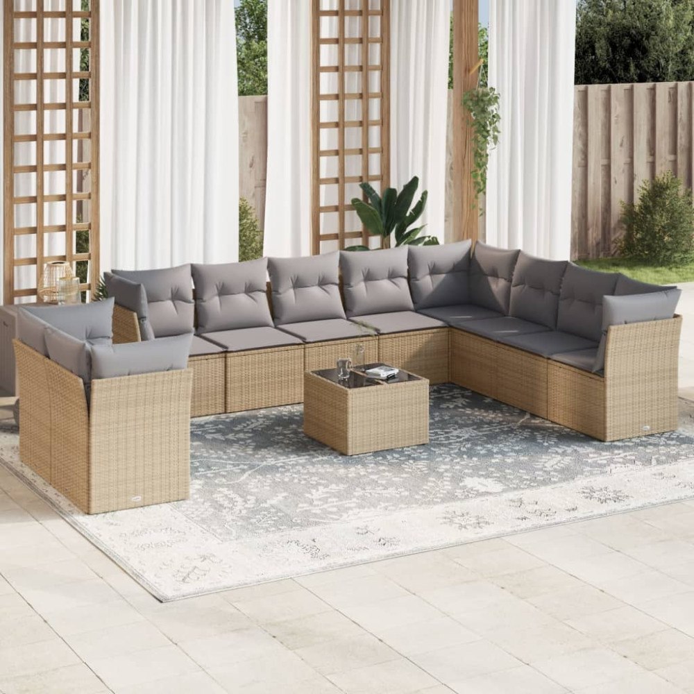 vidaXL Loungegrupp för trädgården m. dynor 11 delar beige konstrotting