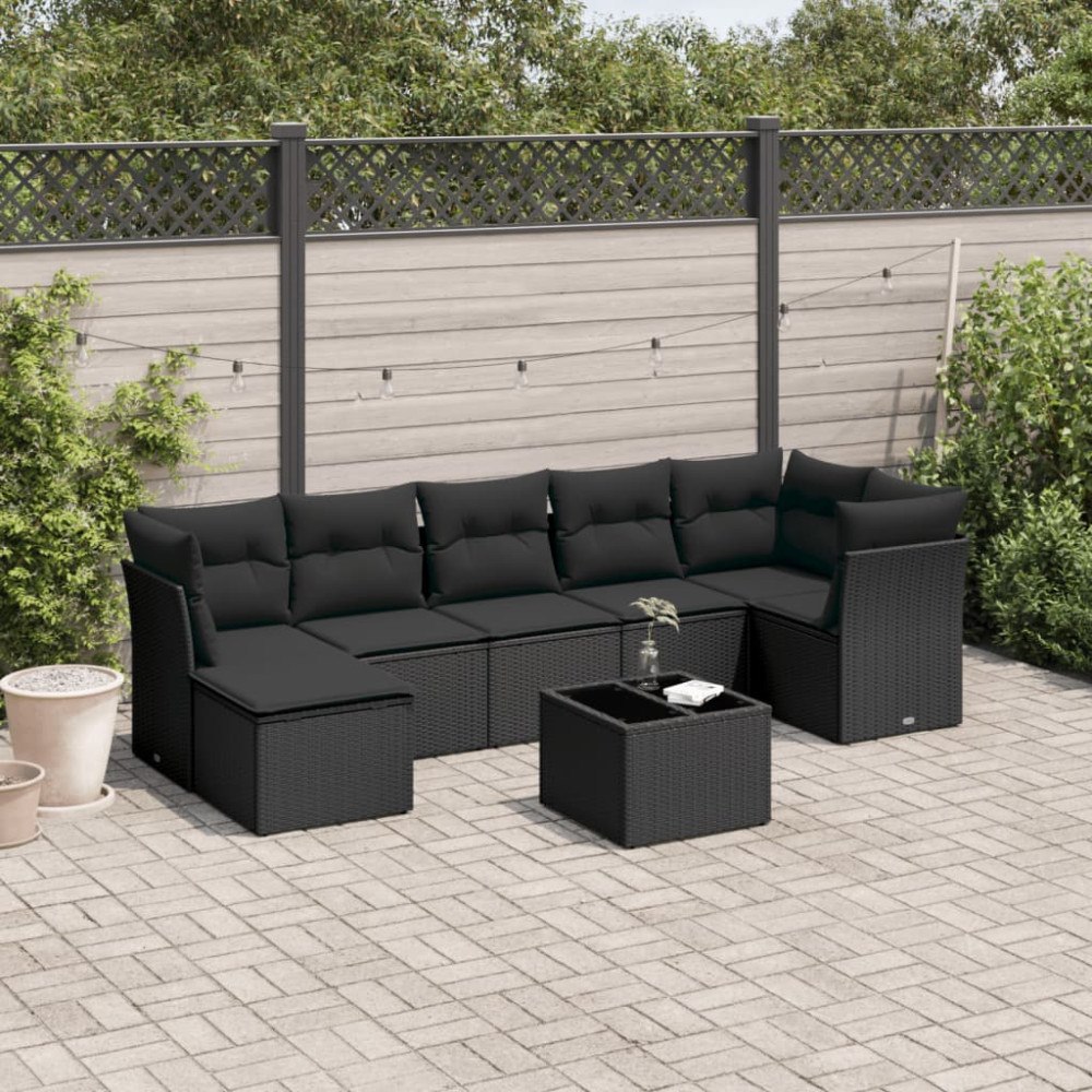 vidaXL Loungegrupp för trädgården med dynor 8 delar svart konstrotting