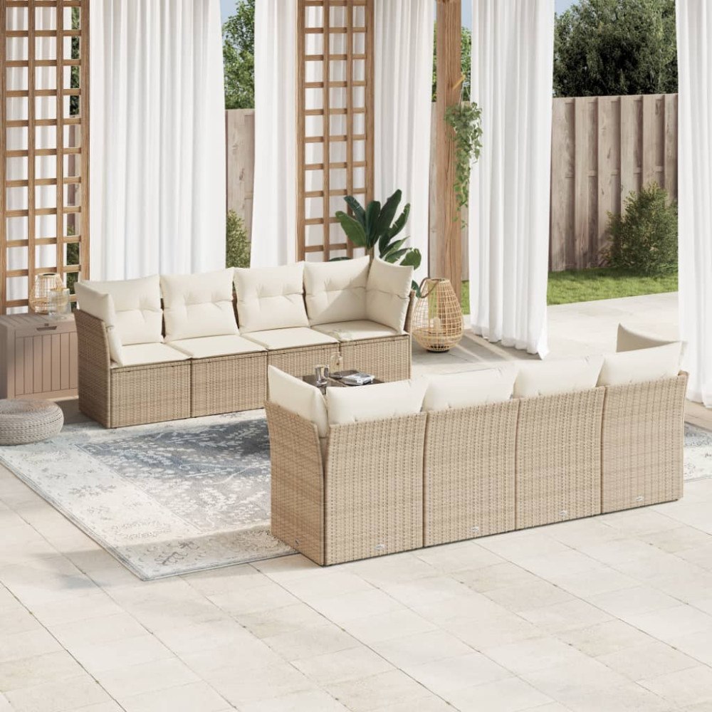 vidaXL Soffgrupp för trädgården med dynor 9 delar beige konstrotting
