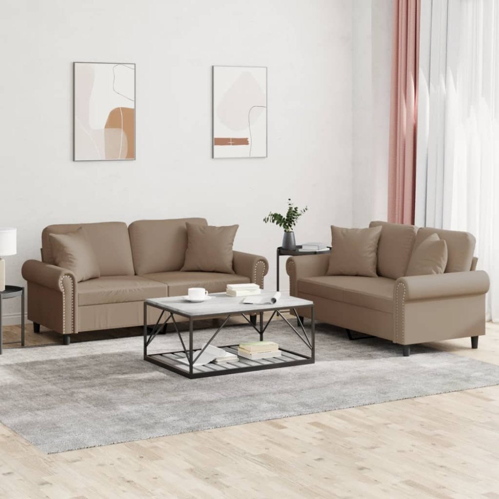 vidaXL Soffgrupp med kuddar 2 delar cappuccino konstläder