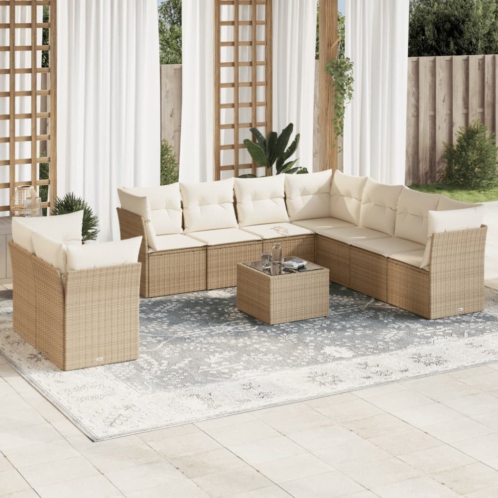 vidaXL Soffgrupp för trädgård med dynor 10 delar beige konstrotting