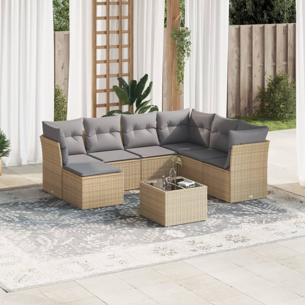 vidaXL Matgrupp för trädgården med dynor 8 delar beige konstrotting