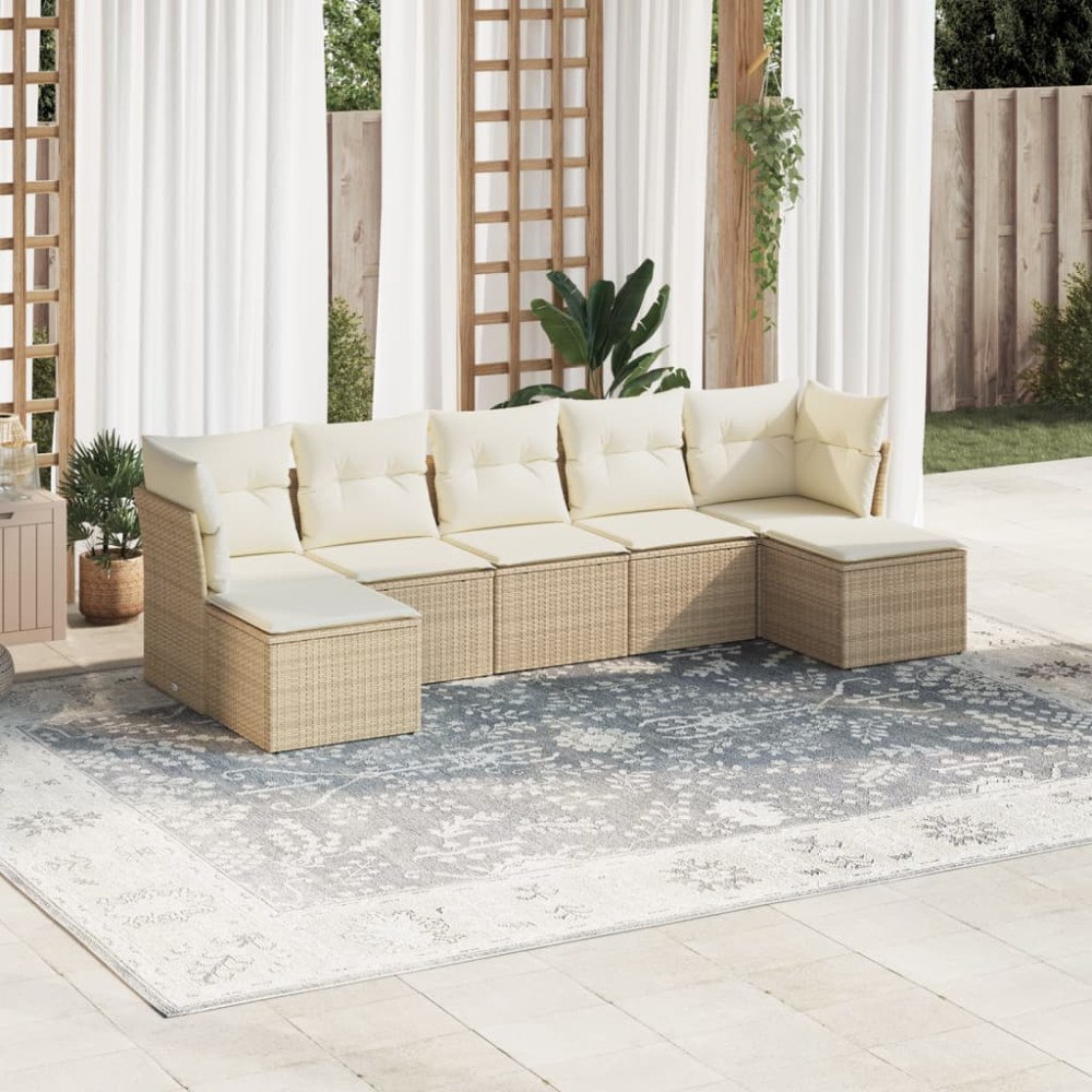 vidaXL Matgrupp för trädgården med dynor 7 delar beige konstrotting