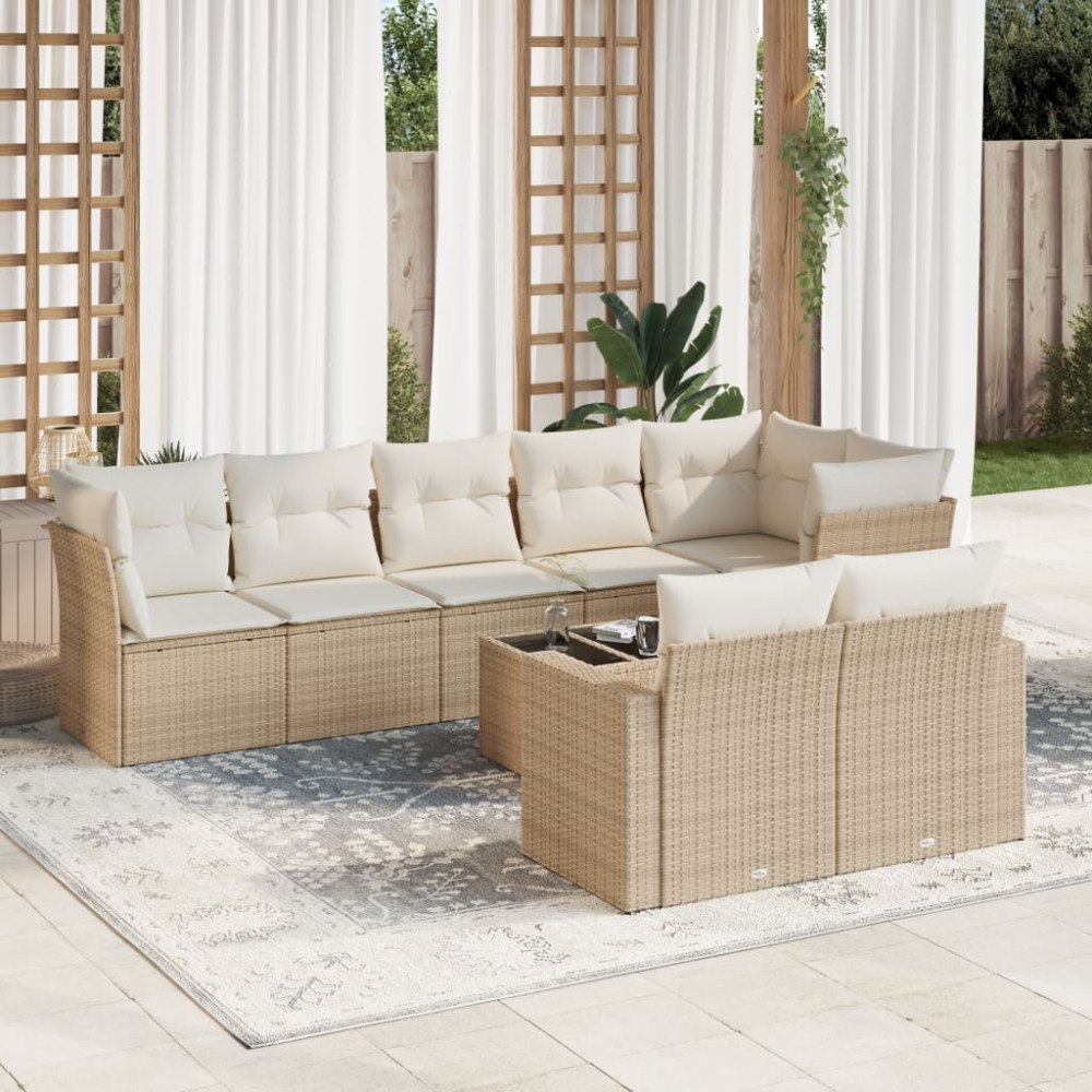vidaXL Soffgrupp för trädgården med dynor 9 delar beige konstrotting