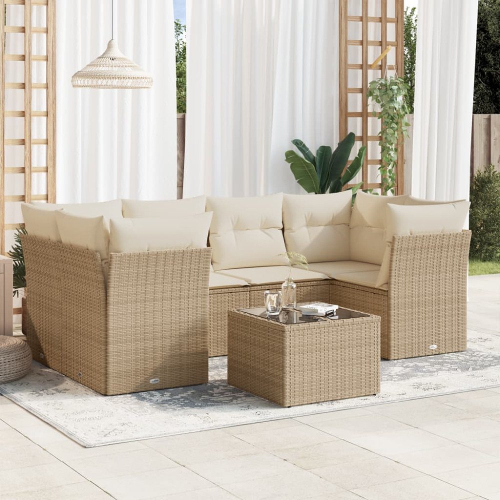 vidaXL Matgrupp för trädgården med dynor 7 delar beige konstrotting