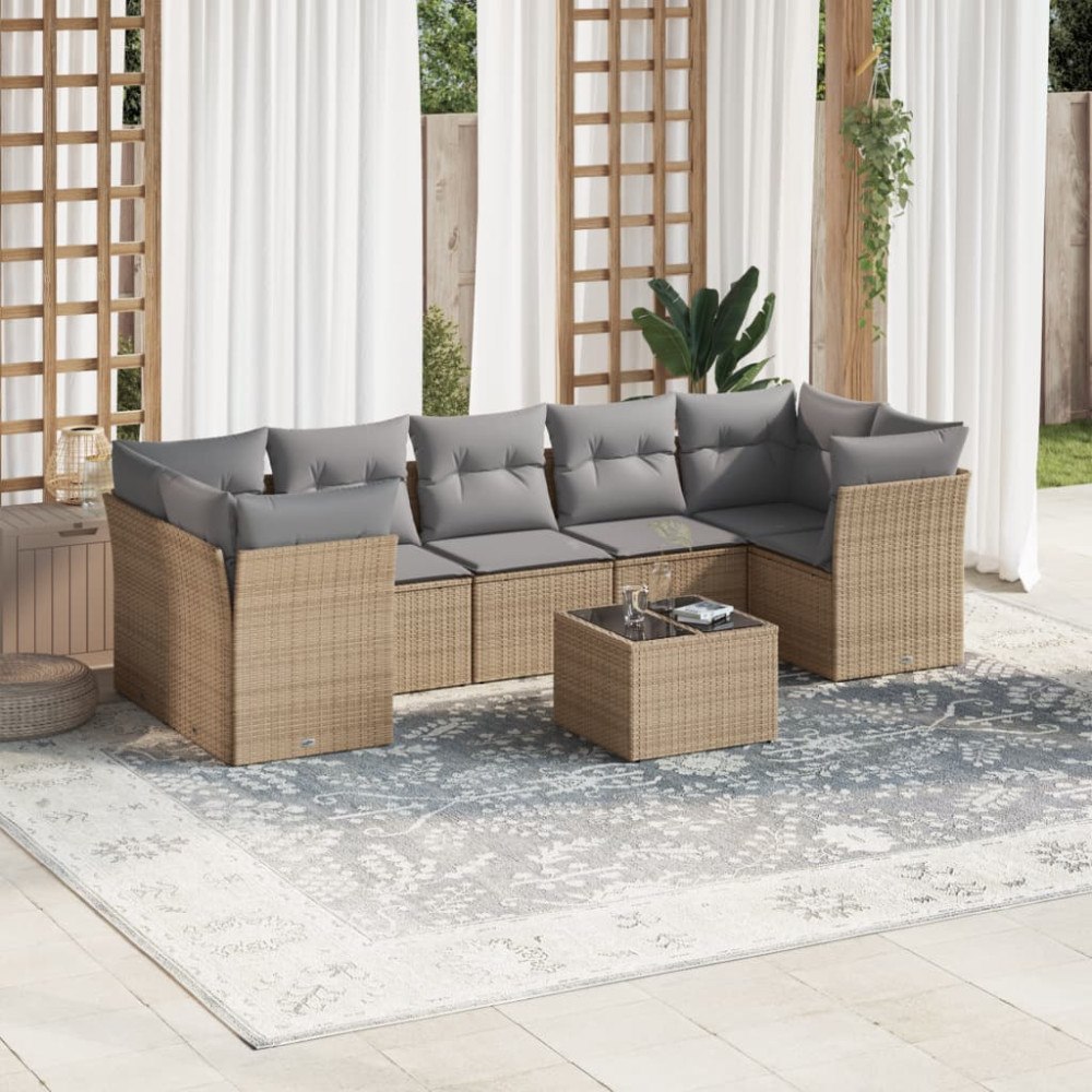 vidaXL Matgrupp för trädgården med dynor 8 delar beige konstrotting