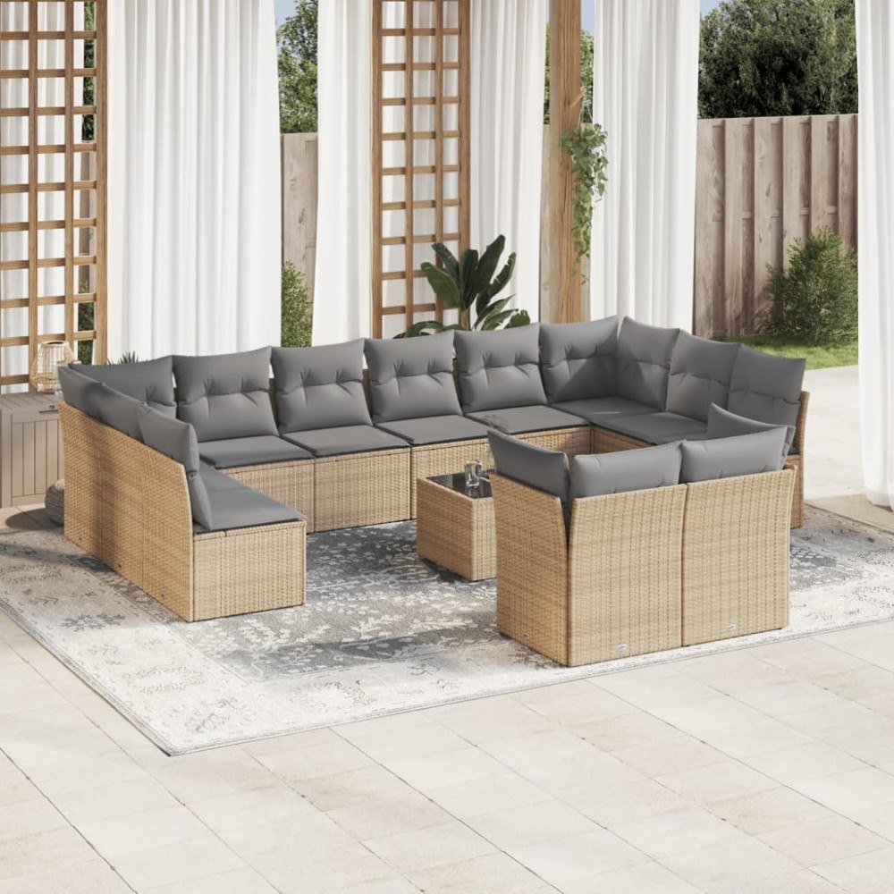 vidaXL Soffgrupp för trädgården med dynor 13 delar beige konstrotting