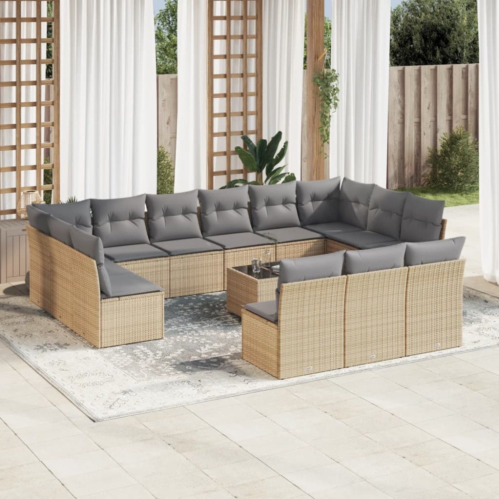 vidaXL Soffgrupp för trädgården 14 delar med dynor beige konstrotting
