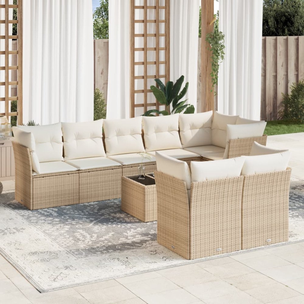vidaXL Soffgrupp för trädgården med dynor 9 delar beige konstrotting