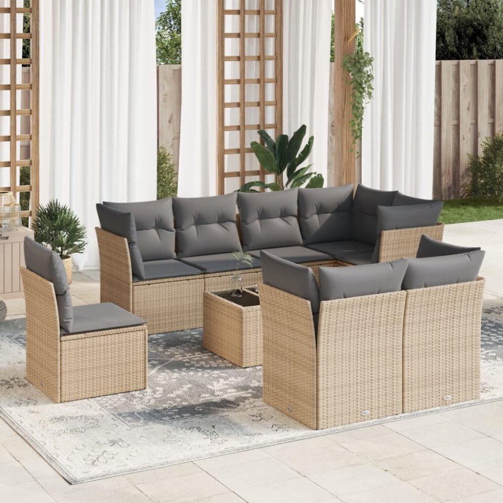 vidaXL Soffgrupp för trädgården med dynor 9 delar beige konstrotting
