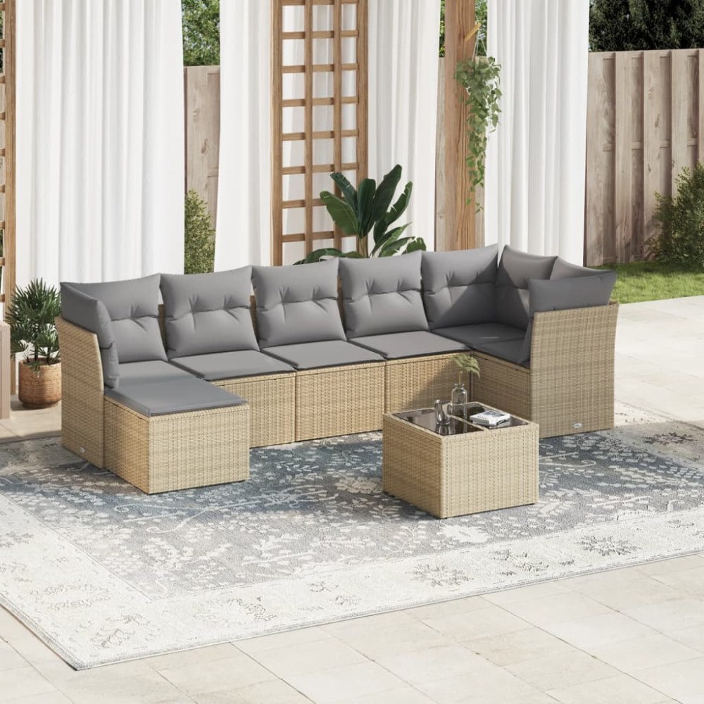 vidaXL Matgrupp för trädgården med dynor 8 delar beige konstrotting
