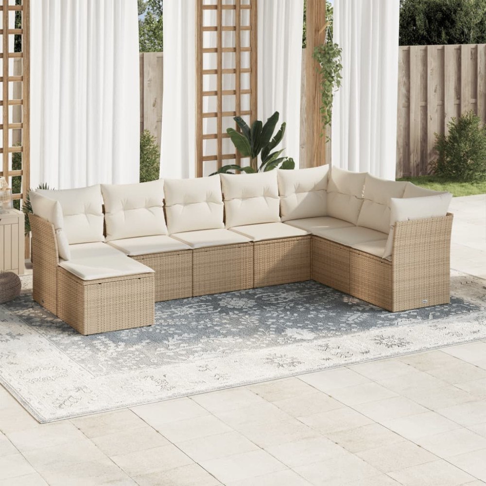vidaXL Matgrupp för trädgården med dynor 8 delar beige konstrotting