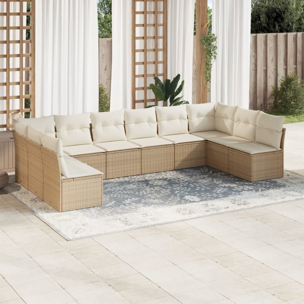 vidaXL Soffgrupp för trädgård med dynor 10 delar beige konstrotting