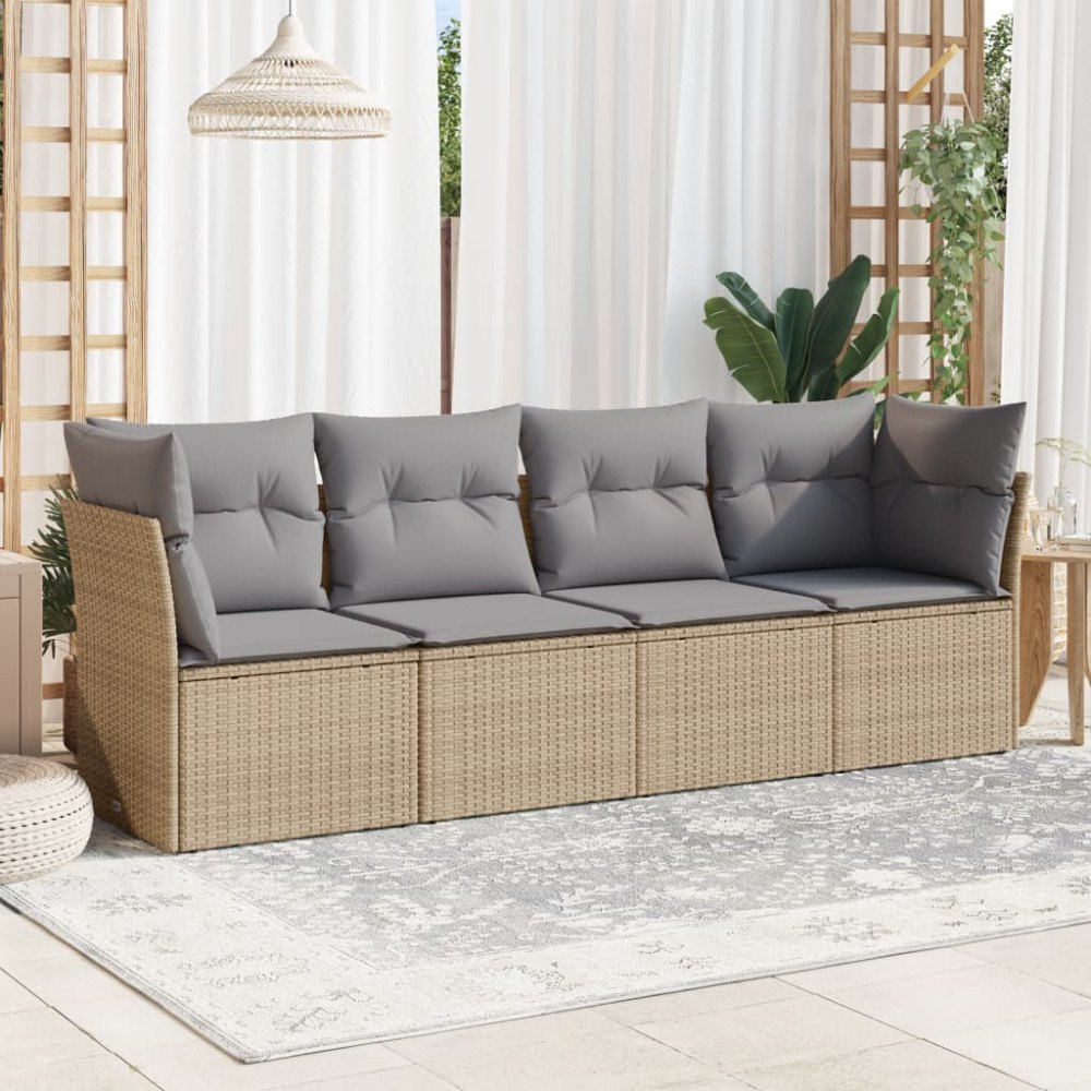 vidaXL Soffgrupp för trädgård med dynor 4 delar beige konstrotting