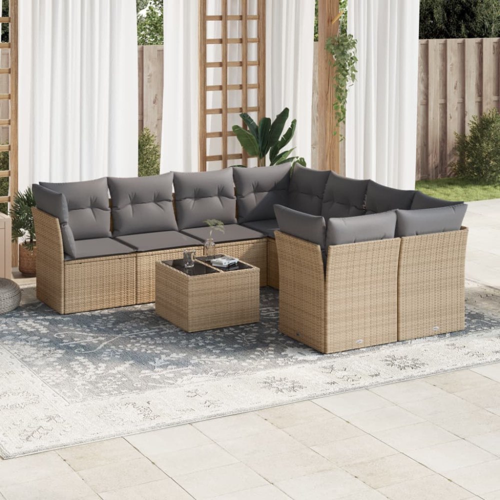 vidaXL Soffgrupp för trädgården med dynor 9 delar beige konstrotting