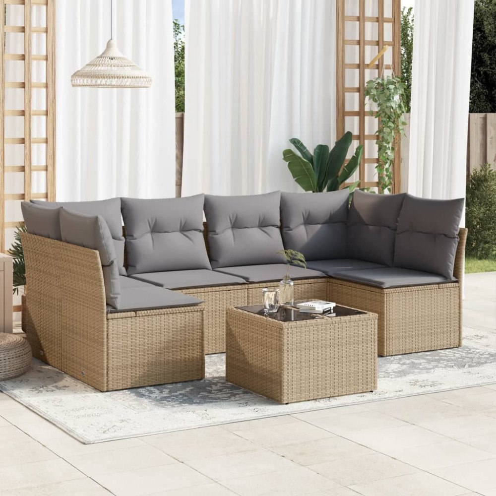 vidaXL Matgrupp för trädgården med dynor 7 delar beige konstrotting