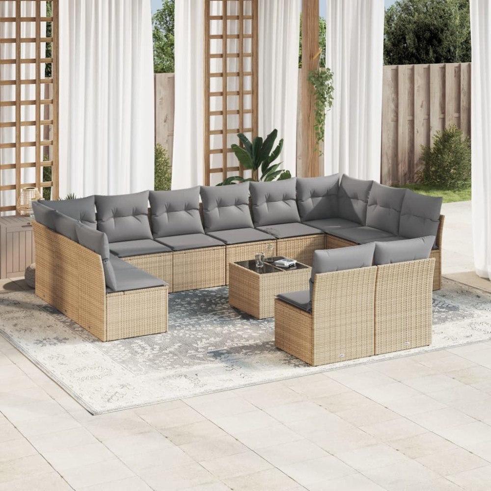 vidaXL Soffgrupp för trädgården med dynor 13 delar beige konstrotting