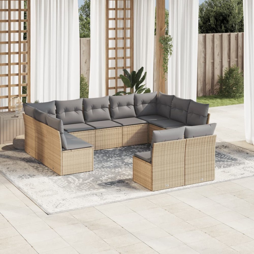 vidaXL Loungegrupp för trädgården m. dynor 11 delar beige konstrotting