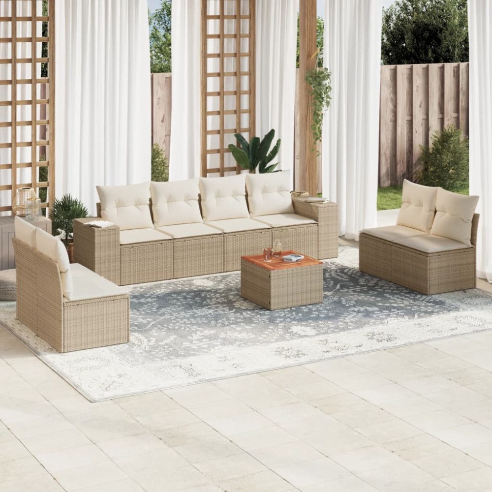 vidaXL Soffgrupp för trädgården med dynor 9 delar beige konstrotting