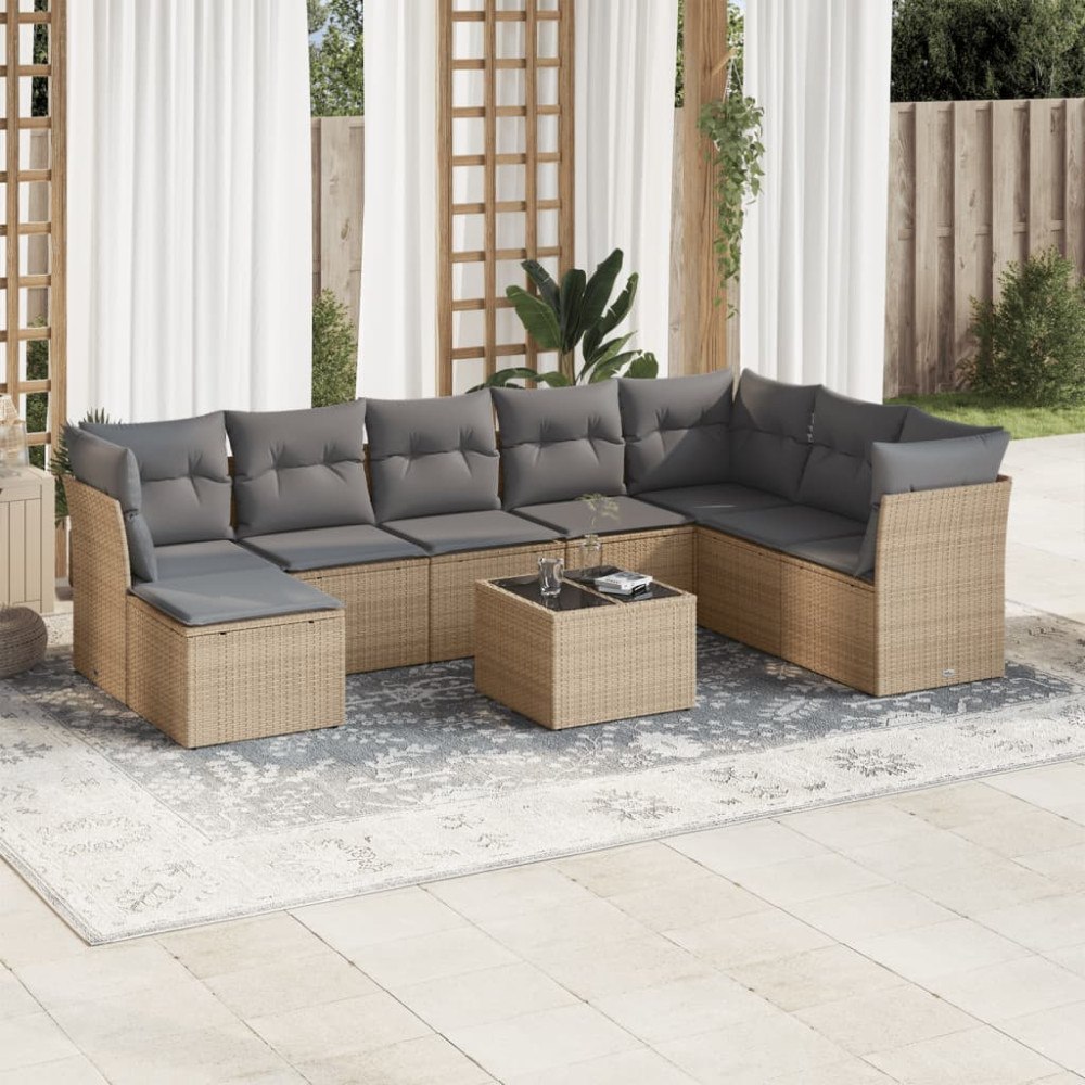 vidaXL Soffgrupp för trädgården med dynor 9 delar beige konstrotting