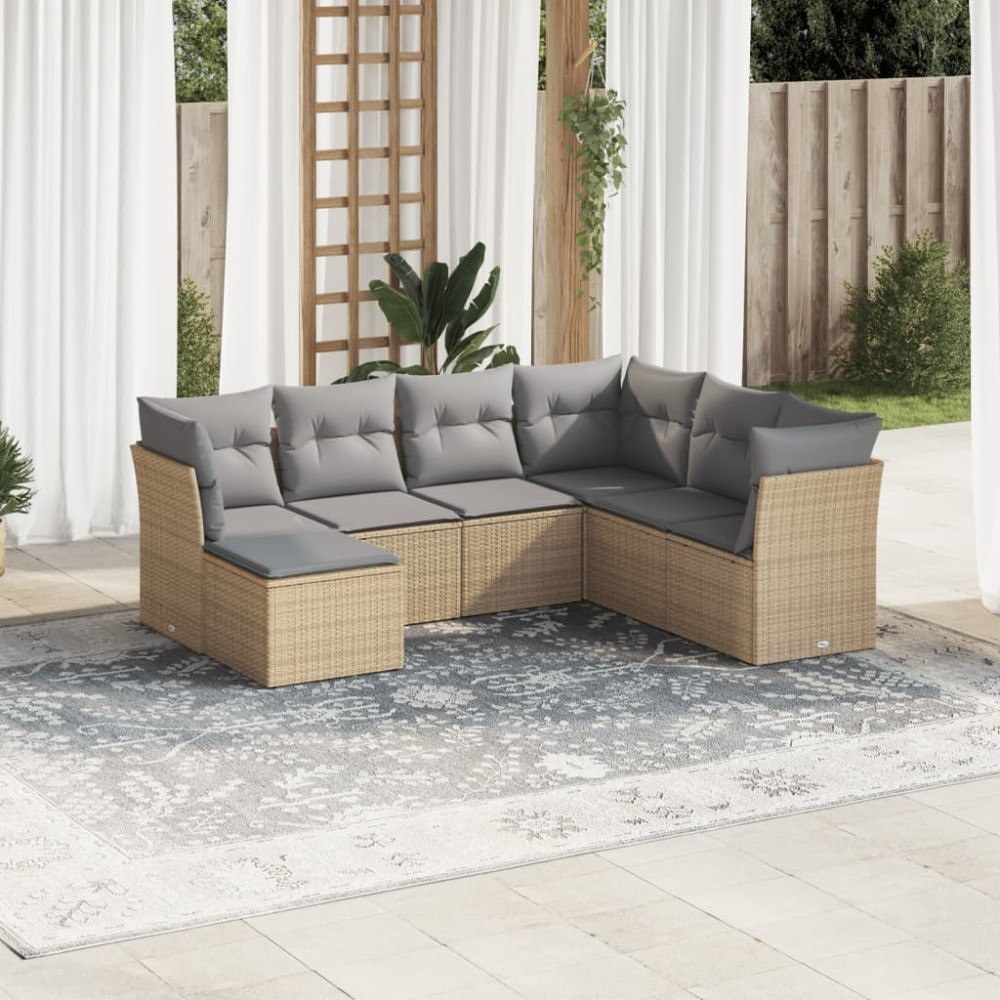 vidaXL Matgrupp för trädgården med dynor 7 delar beige konstrotting