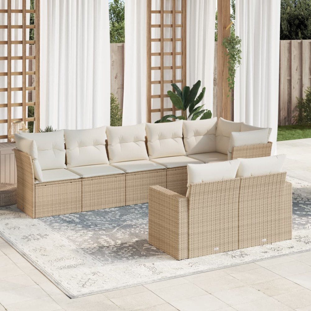 vidaXL Matgrupp för trädgården med dynor 8 delar beige konstrotting