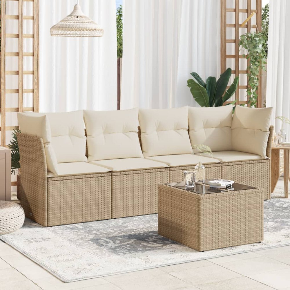 vidaXL Soffgrupp för trädgården med dynor 5 delar beige konstrotting