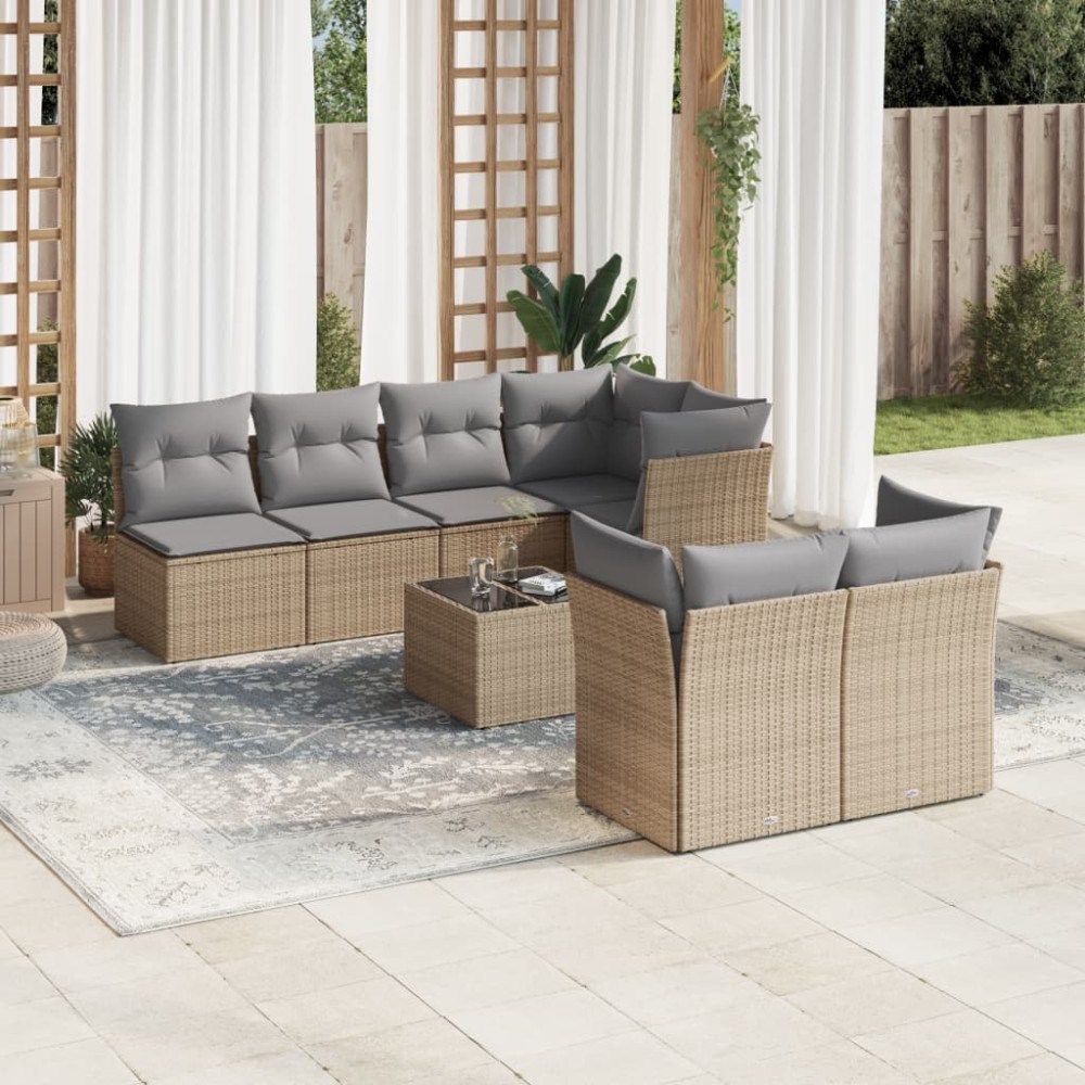 vidaXL Matgrupp för trädgården med dynor 8 delar beige konstrotting