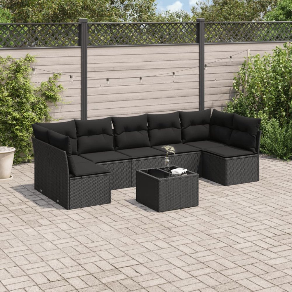 vidaXL Loungegrupp för trädgården med dynor 8 delar svart konstrotting