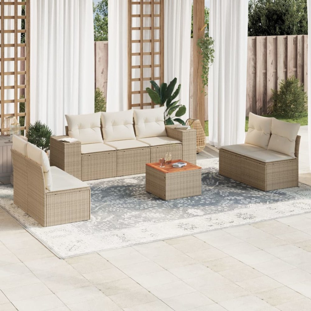 vidaXL Matgrupp för trädgården med dynor 8 delar beige konstrotting