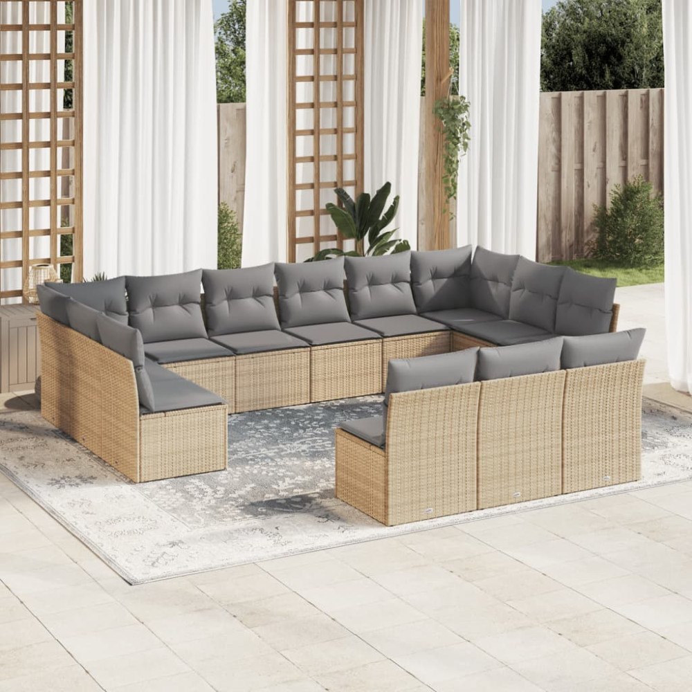 vidaXL Soffgrupp för trädgården med dynor 13 delar beige konstrotting
