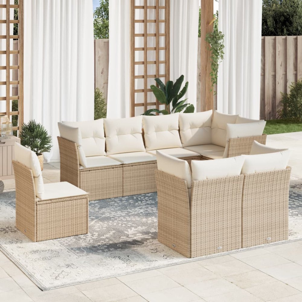 vidaXL Matgrupp för trädgården med dynor 8 delar beige konstrotting