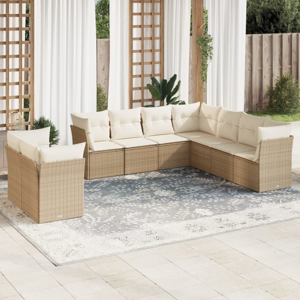 vidaXL Soffgrupp för trädgården med dynor 9 delar beige konstrotting