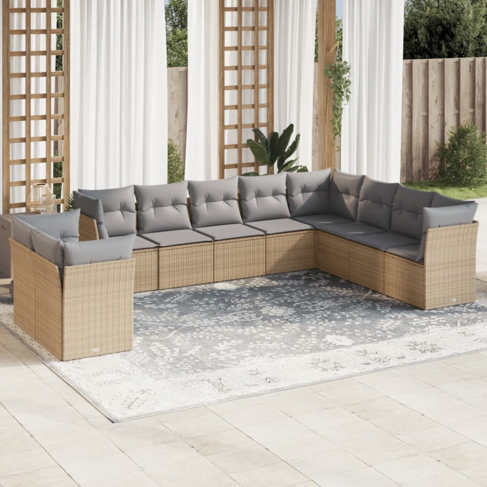 vidaXL Soffgrupp för trädgård med dynor 10 delar beige konstrotting