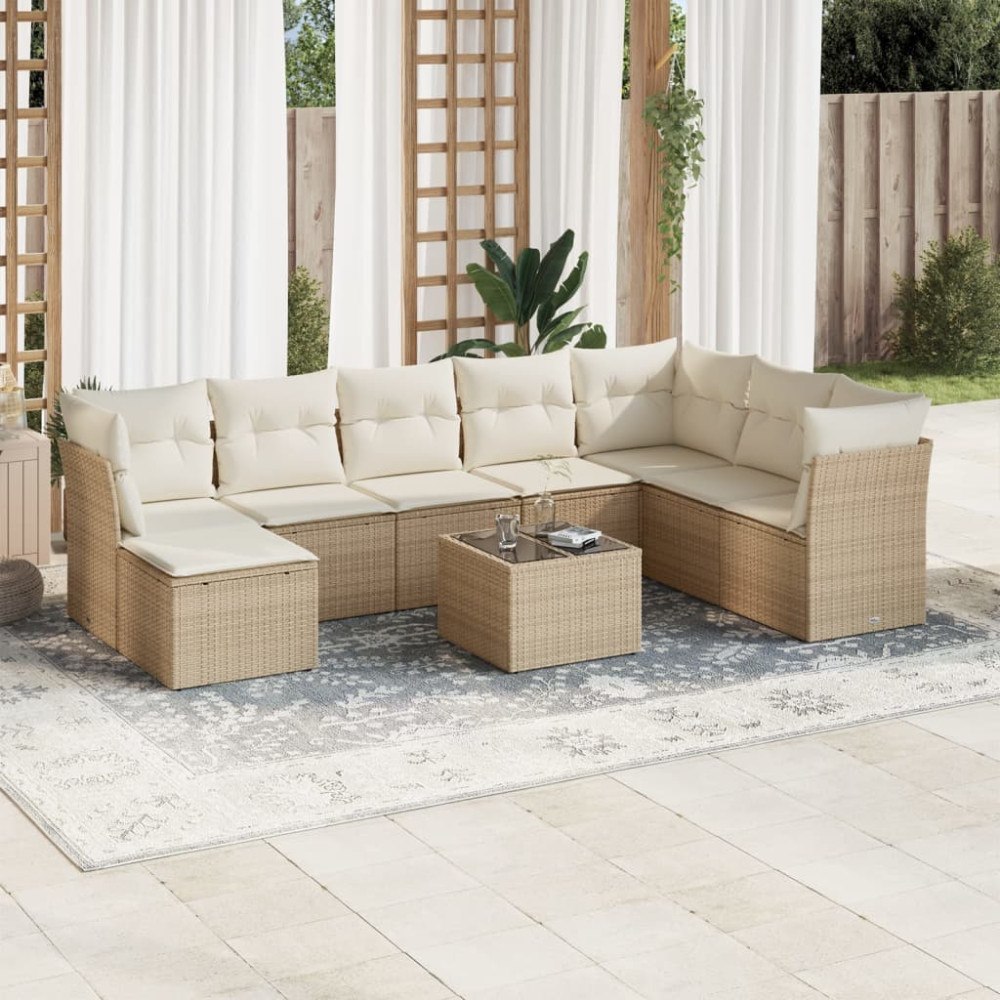 vidaXL Soffgrupp för trädgården med dynor 9 delar beige konstrotting
