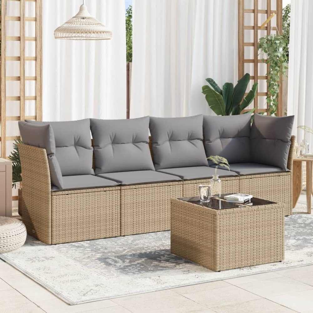 vidaXL Soffgrupp för trädgården med dynor 5 delar beige konstrotting