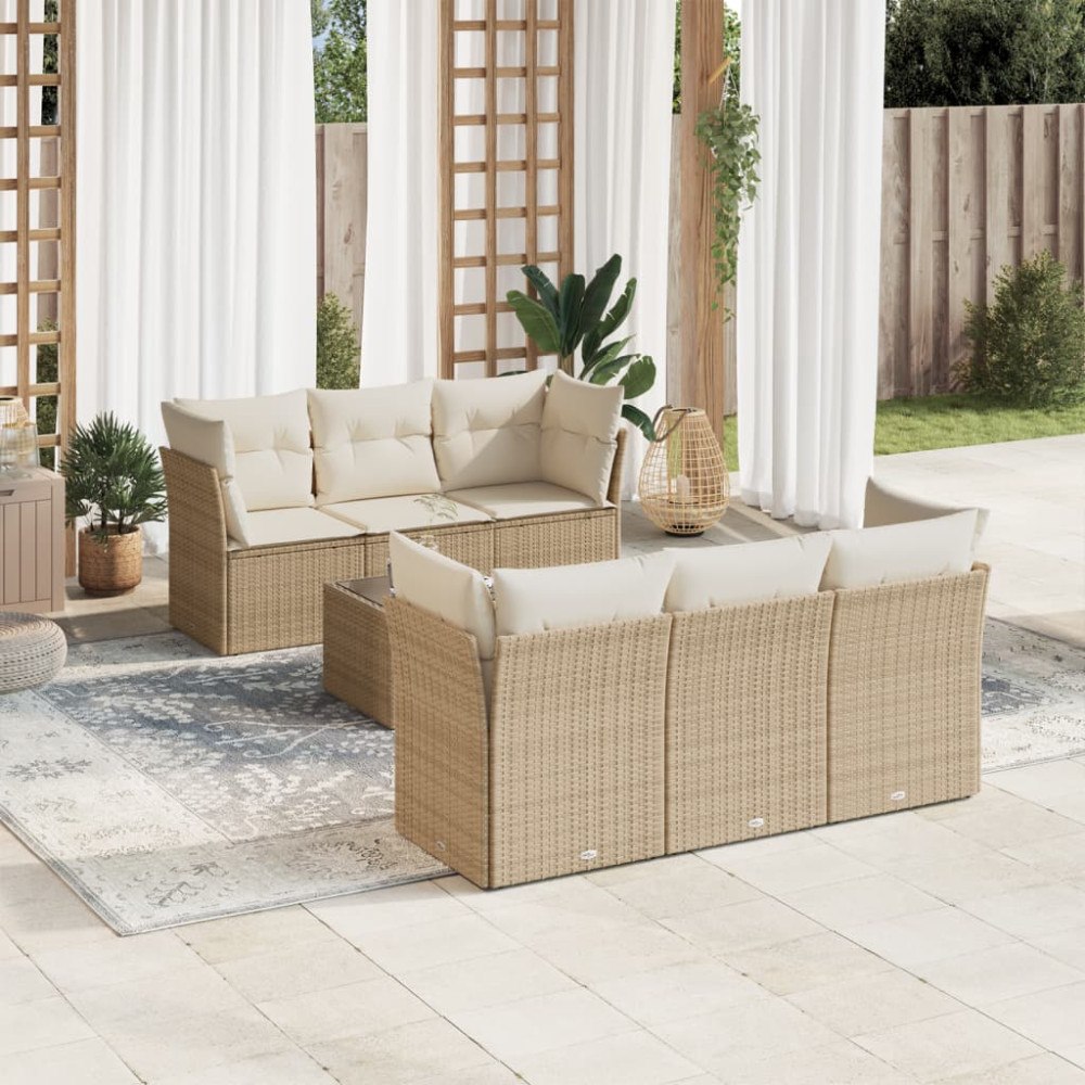vidaXL Matgrupp för trädgården med dynor 7 delar beige konstrotting